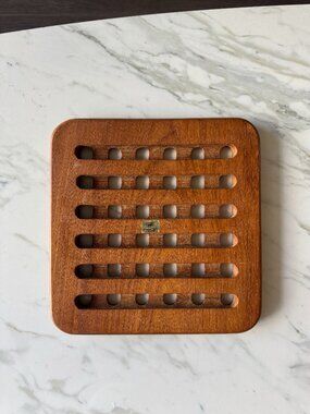 Vintage Solid Teak Lattice Square Trivet Made in Thailand